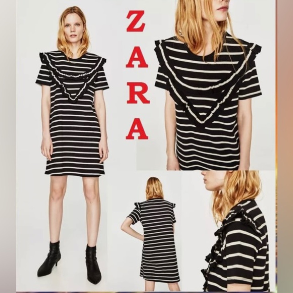Zara Striped Ruffle Trim Knit Dress Size Medium